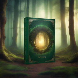 Create a captivating book cover featuring a mysterious forest with an ancient, glowing portal in the center