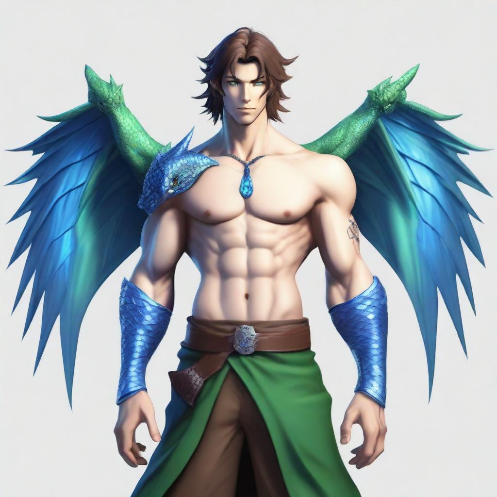 A human sorcerer with blue dragon ancestry, wearing clothes that leave his chest exposed