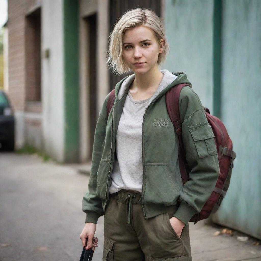 A beautiful girl in the style of The Last of Us, with light wavy blonde short hair, wearing a semi-open zipper hoodie, brown backpack, loose green cargo pants, dark red sneakers and holding a weapon