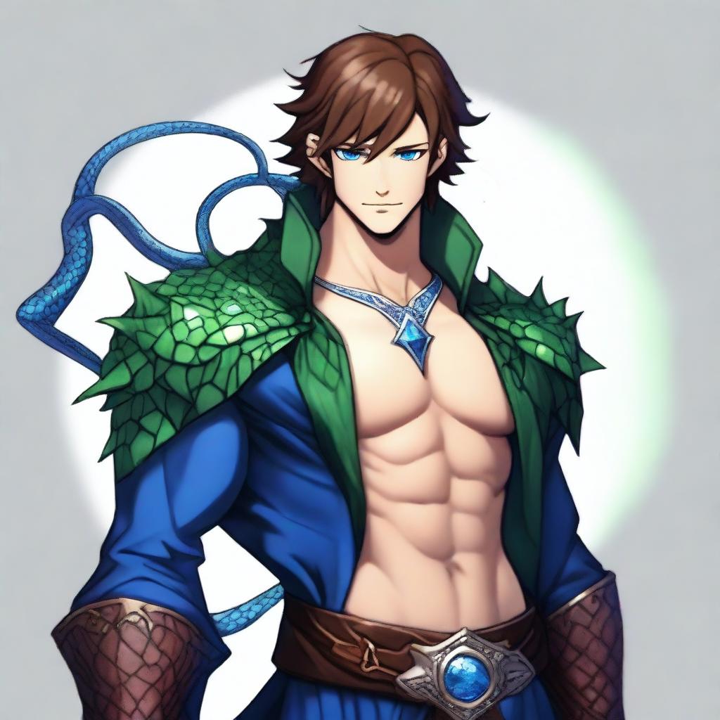 A human sorcerer with blue dragon ancestry, wearing clothes that leave his chest exposed