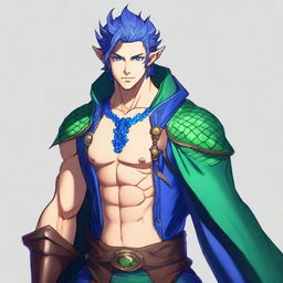 A human sorcerer with blue dragon ancestry, wearing clothes that leave his chest exposed