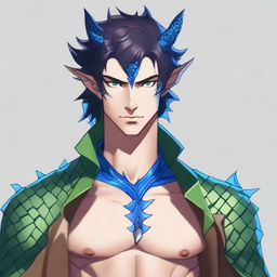 A human sorcerer with blue dragon ancestry, wearing clothes that leave his chest exposed