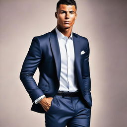 Create an image of Cristiano Ronaldo looking stylish and attractive in a modern, sleek outfit