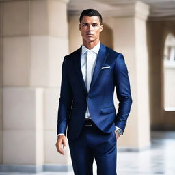 Create an image of Cristiano Ronaldo looking stylish and attractive in a modern, sleek outfit