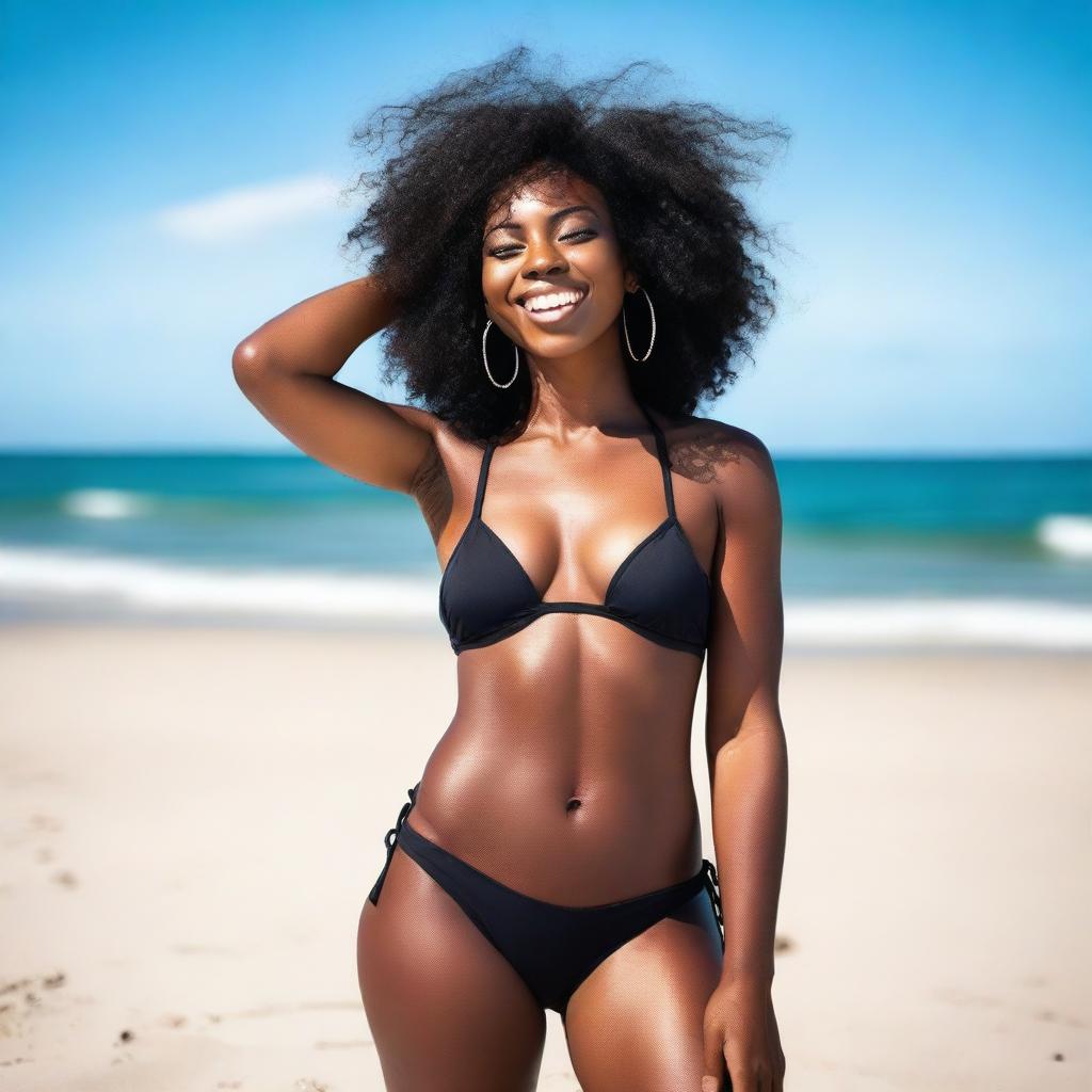 A beautiful black ebony woman in a stylish bikini, posing confidently on a sunny beach with clear blue skies and gentle waves in the background