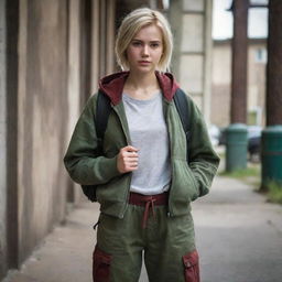 A beautiful girl in the style of The Last of Us, with light wavy blonde short hair, wearing a semi-open zipper hoodie, brown backpack, loose green cargo pants, dark red sneakers and holding a weapon