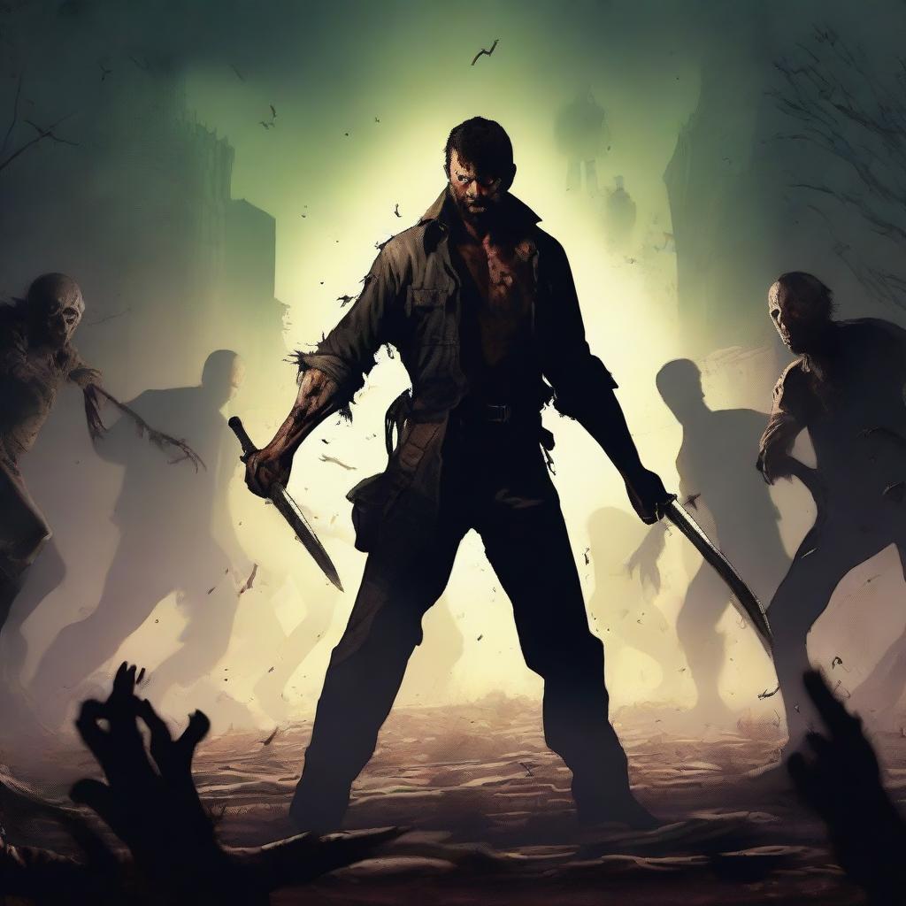 A man fighting with two swords against zombies in a dark, eerie setting