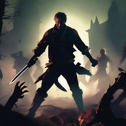 A man fighting with two swords against zombies in a dark, eerie setting