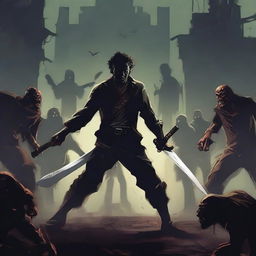 A man fighting with two swords against zombies in a dark, eerie setting