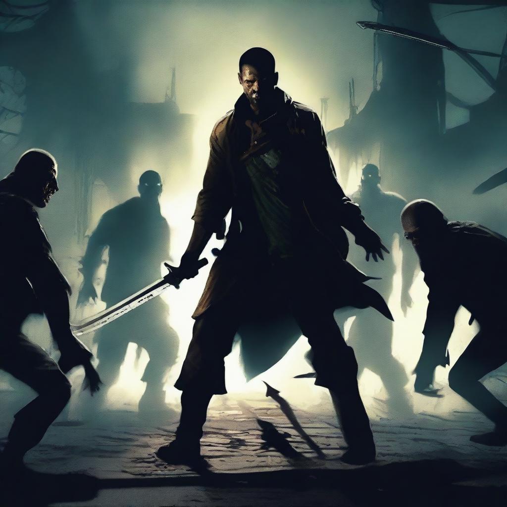 A man fighting with two swords against zombies in a dark, eerie setting