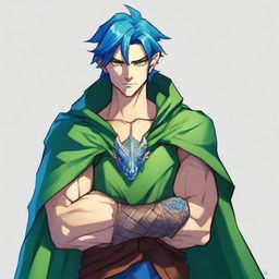 A human sorcerer with blue dragon ancestry, wearing clothes that leave his chest exposed