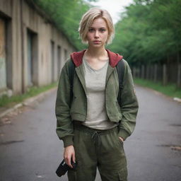 A beautiful girl in the style of The Last of Us, with light wavy blonde short hair, wearing a semi-open zipper hoodie, brown backpack, loose green cargo pants, dark red sneakers and holding a weapon