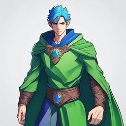 A human sorcerer with blue dragon ancestry, wearing clothes that leave his chest exposed