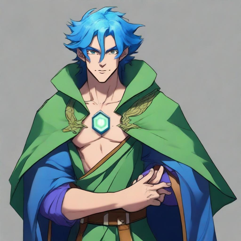 A human sorcerer with blue dragon ancestry, wearing clothes that leave his chest exposed