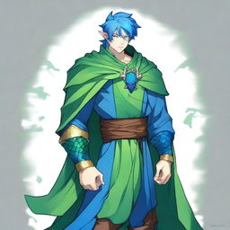 A human sorcerer with blue dragon ancestry, wearing clothes that leave his chest exposed