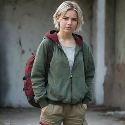 A beautiful girl in the style of The Last of Us, with light wavy blonde short hair, wearing a semi-open zipper hoodie, brown backpack, loose green cargo pants, dark red sneakers and holding a weapon