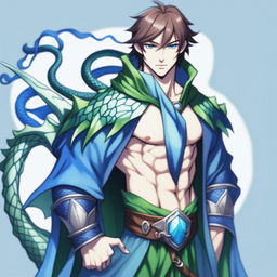 A human sorcerer with blue dragon ancestry, minimal clothing exposing his chest, blue scales on his skin, green eyes, brown hair, blue hair, green cape, holding hands on chest