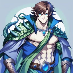 A human sorcerer with blue dragon ancestry, minimal clothing exposing his chest, blue scales on his skin, green eyes, brown hair, blue hair, green cape, holding hands on chest