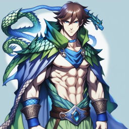 A human sorcerer with blue dragon ancestry, minimal clothing exposing his chest, blue scales on his skin, green eyes, brown hair, blue hair, green cape, holding hands on chest