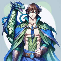 A human sorcerer with blue dragon ancestry, minimal clothing exposing his chest, blue scales on his skin, green eyes, brown hair, blue hair, green cape, holding hands on chest