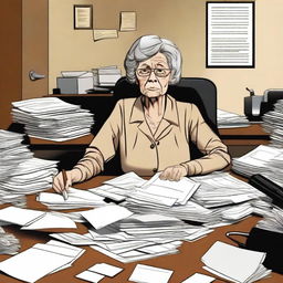 Create an image of an old and disorganized woman who is the secretary of Deputy Flint