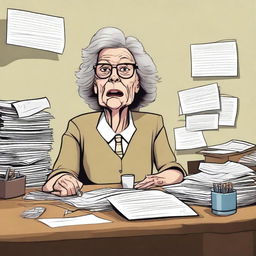 Create an image of an old and disorganized woman who is the secretary of Deputy Flint