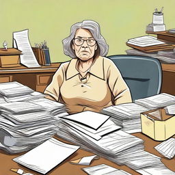 Create an image of an old and disorganized woman who is the secretary of Deputy Flint