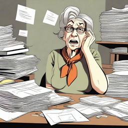 Create an image of an old and disorganized woman who is the secretary of Deputy Flint