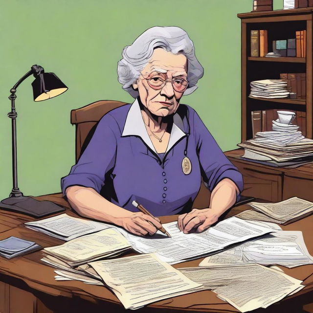 Create an image of an elderly, disorganized woman who is the secretary of Deputy Flint