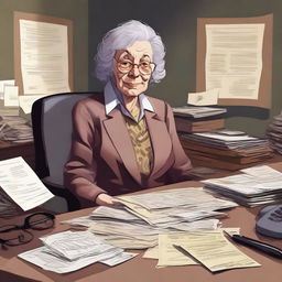 Create an image of an elderly, disorganized woman who is the secretary of Deputy Flint