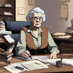 Create an image of an elderly, disorganized woman who is the secretary of Deputy Flint