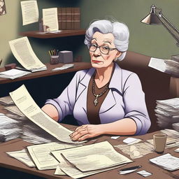 Create an image of an elderly, disorganized woman who is the secretary of Deputy Flint