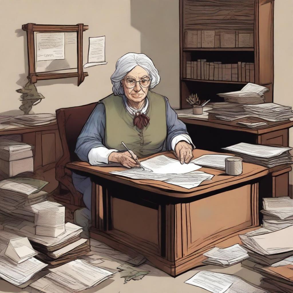 Create a character for Dungeons & Dragons: an old, disorganized woman who is the secretary of Deputy Flint