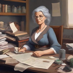 Create a character for Dungeons & Dragons: an old, disorganized woman who is the secretary of Deputy Flint