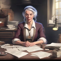 Create a character for Dungeons & Dragons: an old, disorganized woman who is the secretary of Deputy Flint