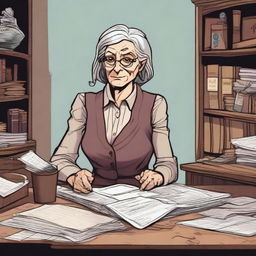 Create a character for Dungeons & Dragons: an old, disorganized woman who is the secretary of Deputy Flint