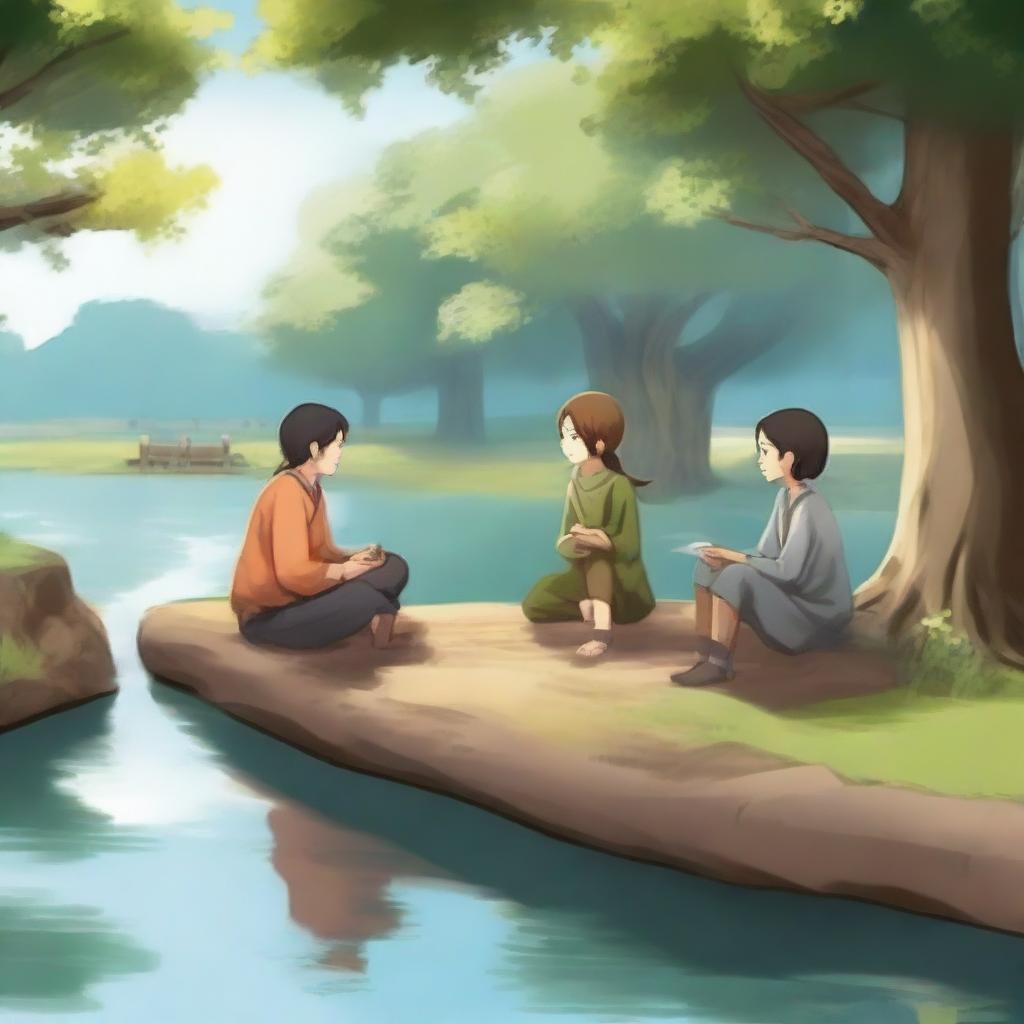 Create a peaceful scene featuring characters in a tranquil environment without any weapons or guns