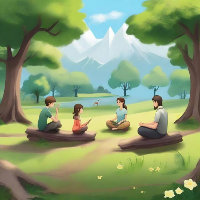 Create a peaceful scene featuring characters in a tranquil environment without any weapons or guns