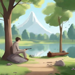 Create a peaceful scene featuring characters in a tranquil environment without any weapons or guns