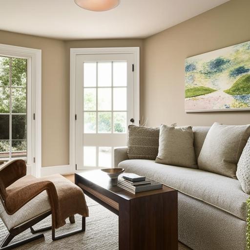 An expertly decorated contemporary living room with inviting furniture, muted color-tones, and tasteful modern light fixtures.