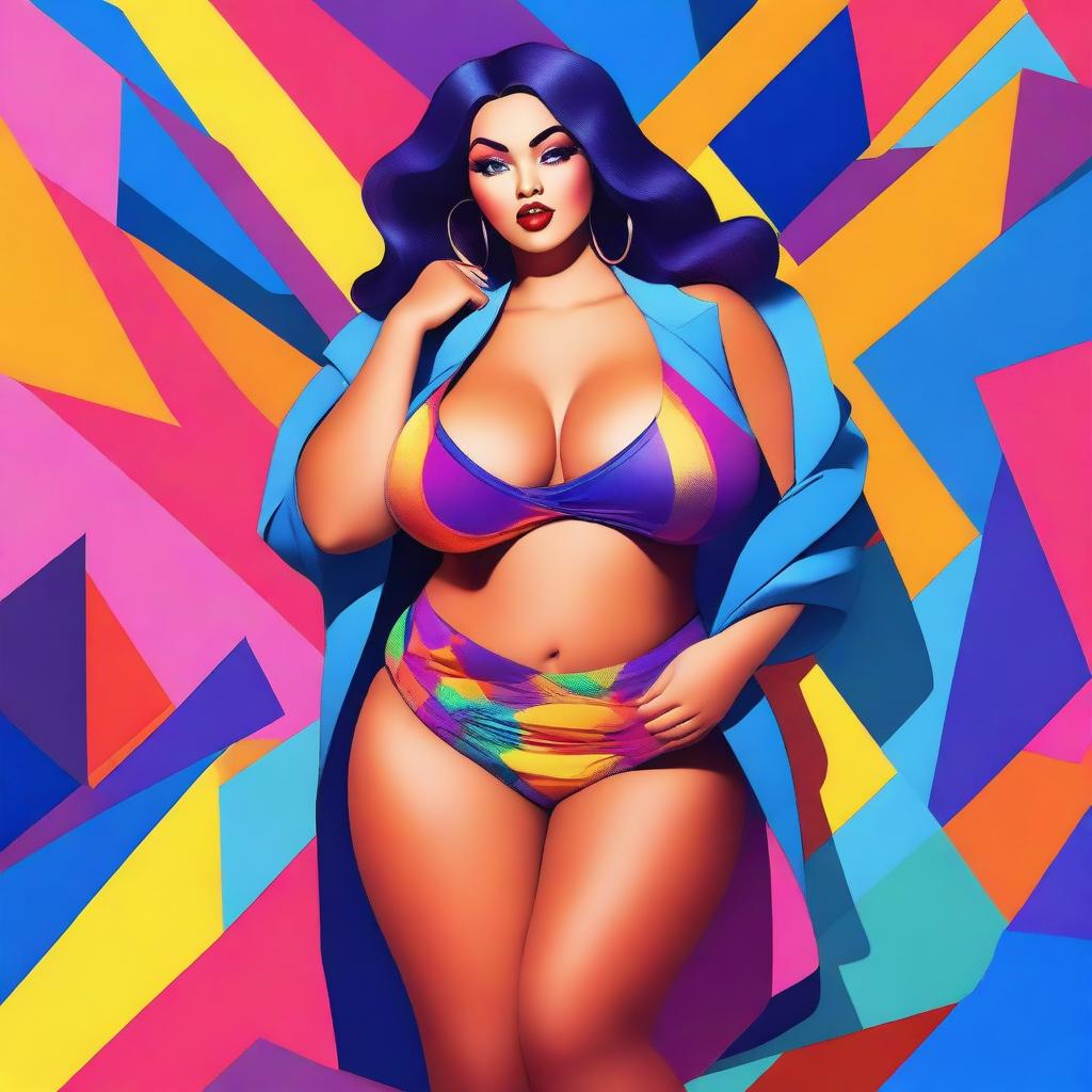 A stylized image of a girl with a voluptuous figure, wearing fashionable clothing