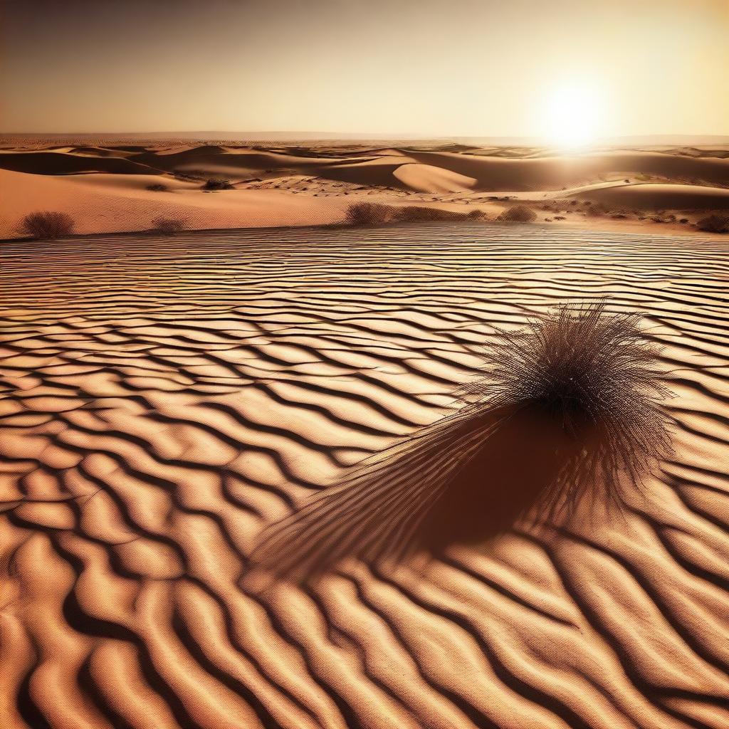 A visually captivating image of a hot, arid desert landscape with the sun blazing down, creating heat waves and mirages in the distance