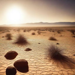 A visually captivating image of a hot, arid desert landscape with the sun blazing down, creating heat waves and mirages in the distance