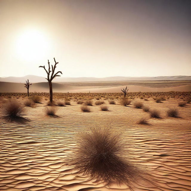 A visually captivating image of a hot, arid desert landscape with the sun blazing down, creating heat waves and mirages in the distance