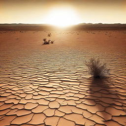 A visually captivating image of a hot, arid desert landscape with the sun blazing down, creating heat waves and mirages in the distance