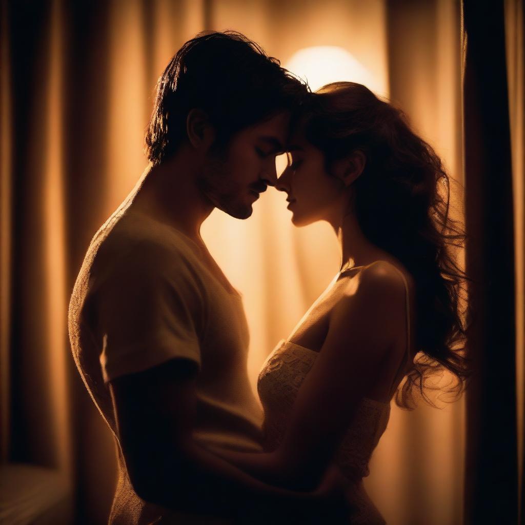 A sensual and intimate scene featuring two characters in a dimly lit room, with soft lighting and a romantic atmosphere