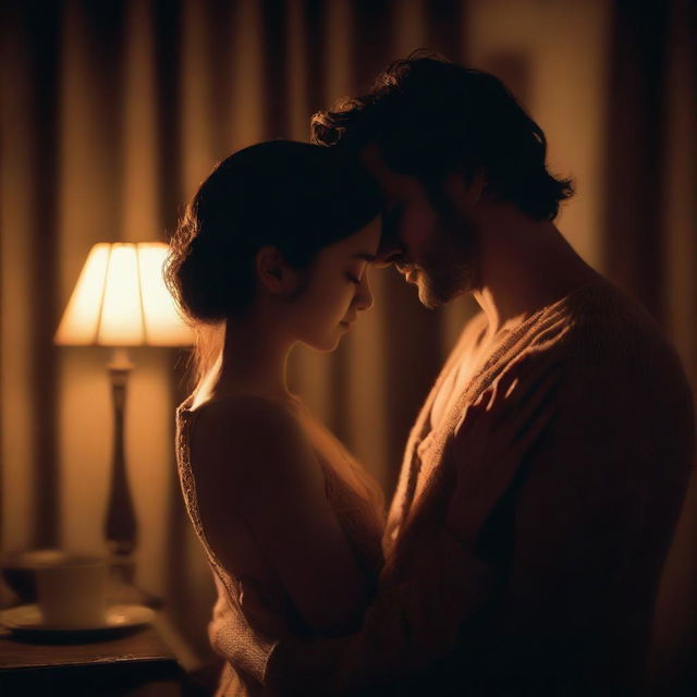 A sensual and intimate scene featuring two characters in a dimly lit room, with soft lighting and a romantic atmosphere