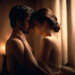 A sensual and intimate scene featuring two characters in a dimly lit room, with soft lighting and a romantic atmosphere