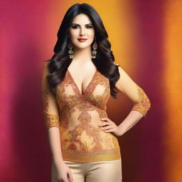 A glamorous and attractive portrayal of Sunny Leone in a stylish outfit, standing confidently with a vibrant background