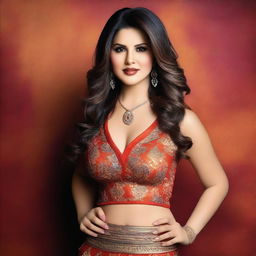 A glamorous and attractive portrayal of Sunny Leone in a stylish outfit, standing confidently with a vibrant background